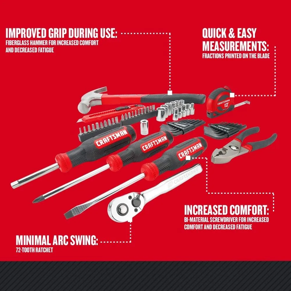 Home Tool Kit / Mechanics Tool Set, 57-Piece, Hammer, Screwdrivers, Drill Bits, Sockets, Ratchet, Hex Keys, Tape Measure