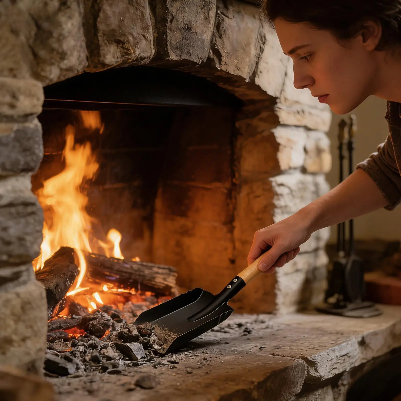 Fireplace Shovel Ash Shovel Coal Scoop Wood Stove Tool Heavy Duty Metal Head with Wooden Handle for Wood Burning Stove Fire Pit