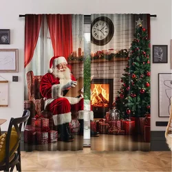 2Pcs Santa Curtains Old Santa Claus Sitting At Home At Christmas Night Reading A Letter Near The Tree Living Room Bedroom