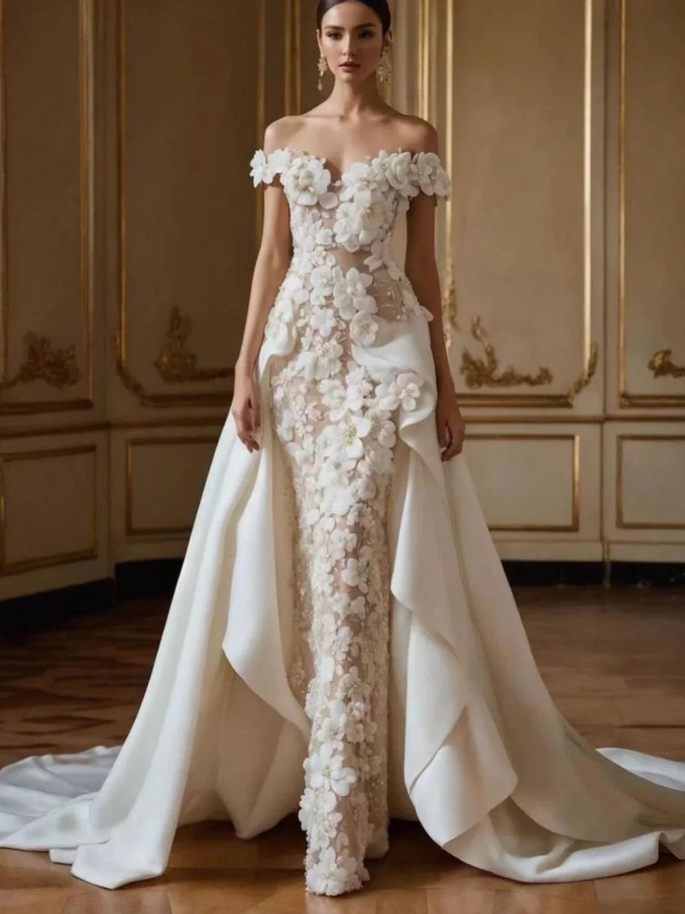 

Neck Wedding Dresses 3D Flowers Pearls Dress For Bride Luxury A-line Romantic Sweetheart Bridal Gown Customized Vestido De