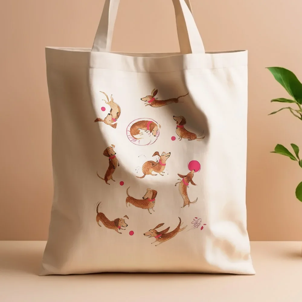 1pc Playful Dachshund Canvas Tote Bag - 35.05cm x 40.13cm Reusable Grocery Bag with Cute Dog Illustrations, Durable Polyester Ca