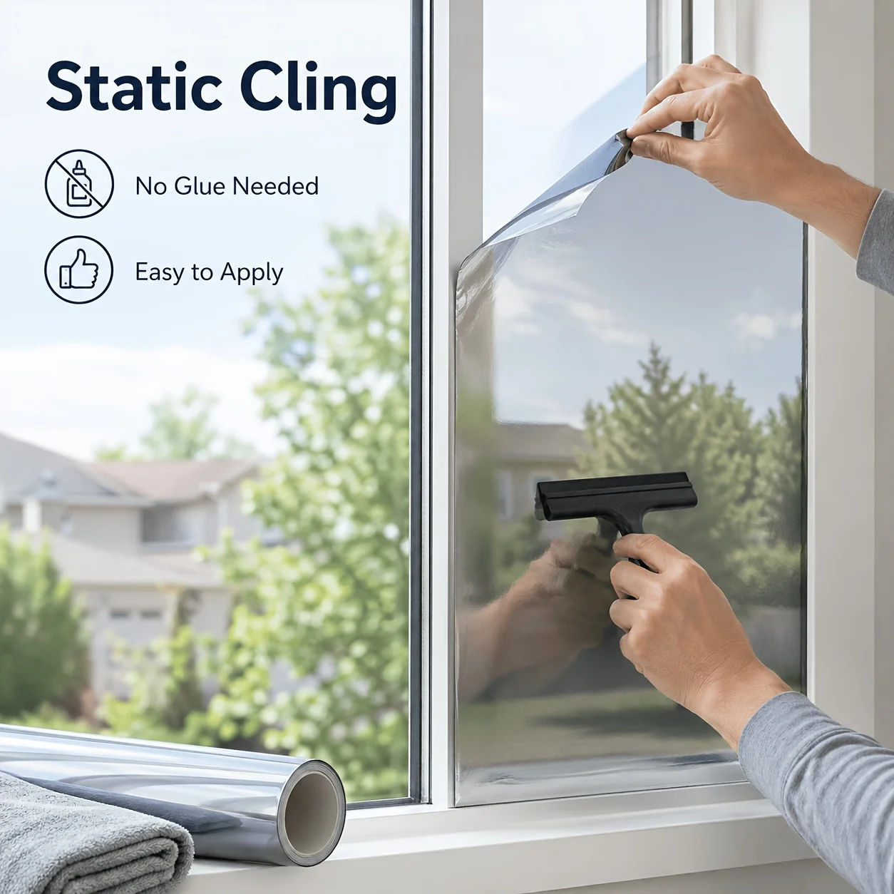 One Way Silver Mirror Privacy Window Film Heat Control Sun Block Static Cling Removable for Home Office Glass