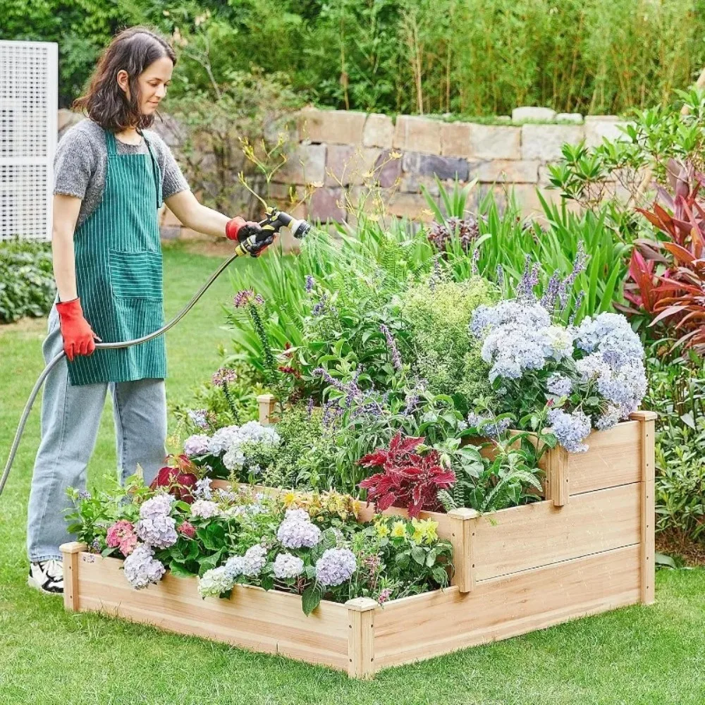 3 Tier 47 x 47 x 22in Raised Garden Bed Horticulture Outdoor Elevated Flower Box Tiered Garden Bed Wooden Vegetables Growing