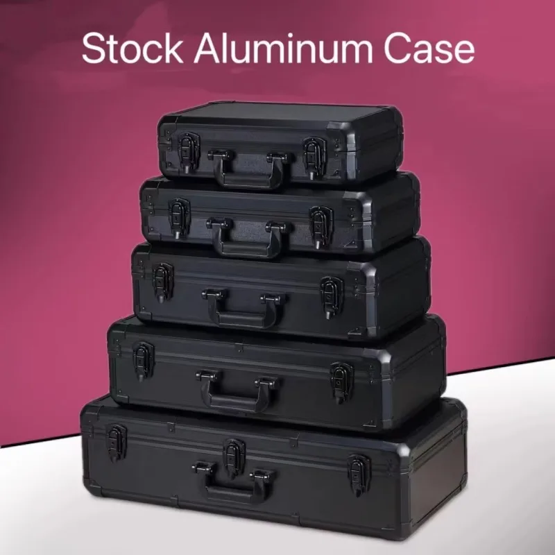 Stock Aluminum Box Fast Shipping No MOQ New Black Dark Polished Empty Box with Mesh Foam Hard Shell Storage Box