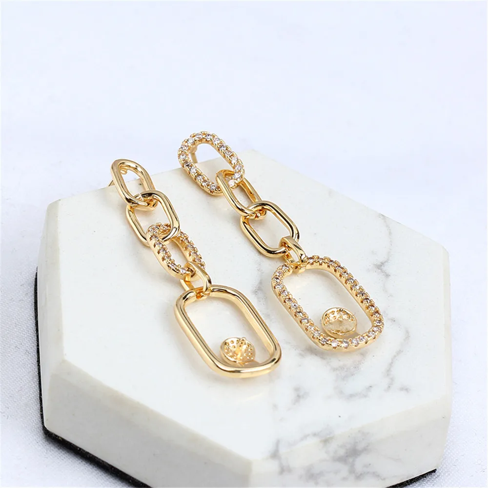 S925 Silver Needle Domestically Made 14k Gold Wrapped Injected Rectangle Chain Pearl Zircon Earrings DIY Empty Bracket Earrings