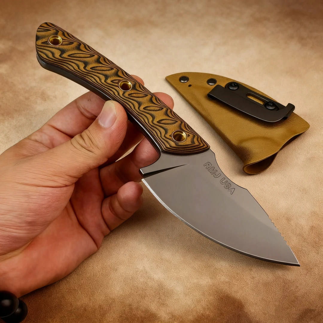 سكين RMJ - سكين تقشير NOMAD بمقبض G10 بلونين، سكين مستقيم صغير محمول، لون صحراوي K غمد سكين فواكه حاد