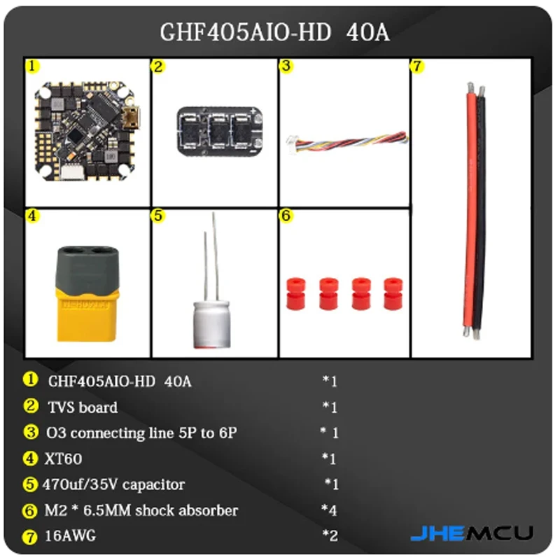 JHEMCU GHF405AIO-HD 40A AIO pengendali penerbangan F405 F4 Build-in OSD blheli-s ESC 2-6s Lipo untuk RC FPV Toothpick Drone balap