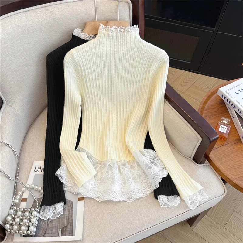 

Women Apricot Lace Patchwork Pullover Knitwear Turtleneck Sweater Harajuku Vintage 2000s Y2k Long Sleeve Cashmere Sweater Autumn