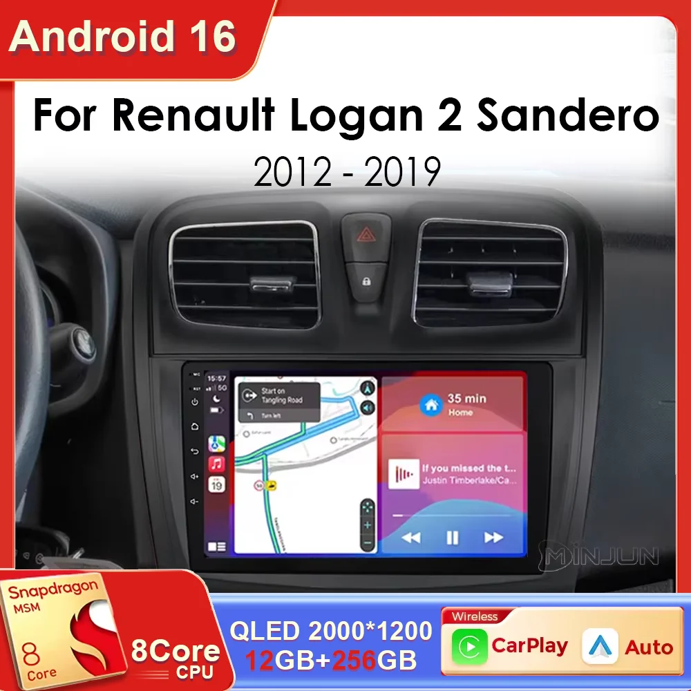 Radio para Auto Android 16 para Renault Logan 2 Sandero 2012-2019, Reproductor Multimedia con Navegación, Carplay, Estéreo para Auto, 4G+WIFI, Video, GPS