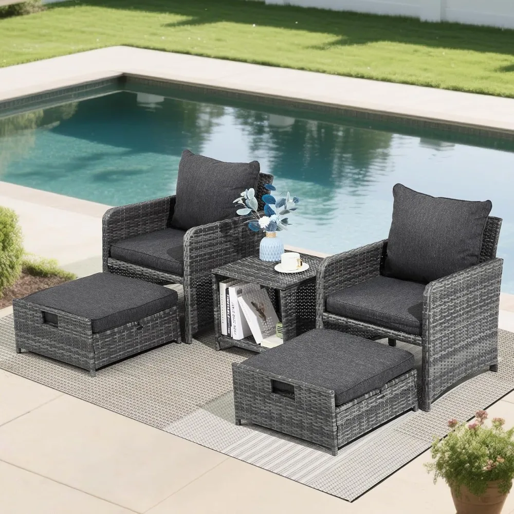 

5 Pieces Wicker Patio Furniture Set, Outdoor Chairs Set of 2 with Ottomans, Balcony Furniture with Ottomans & Side, Customized