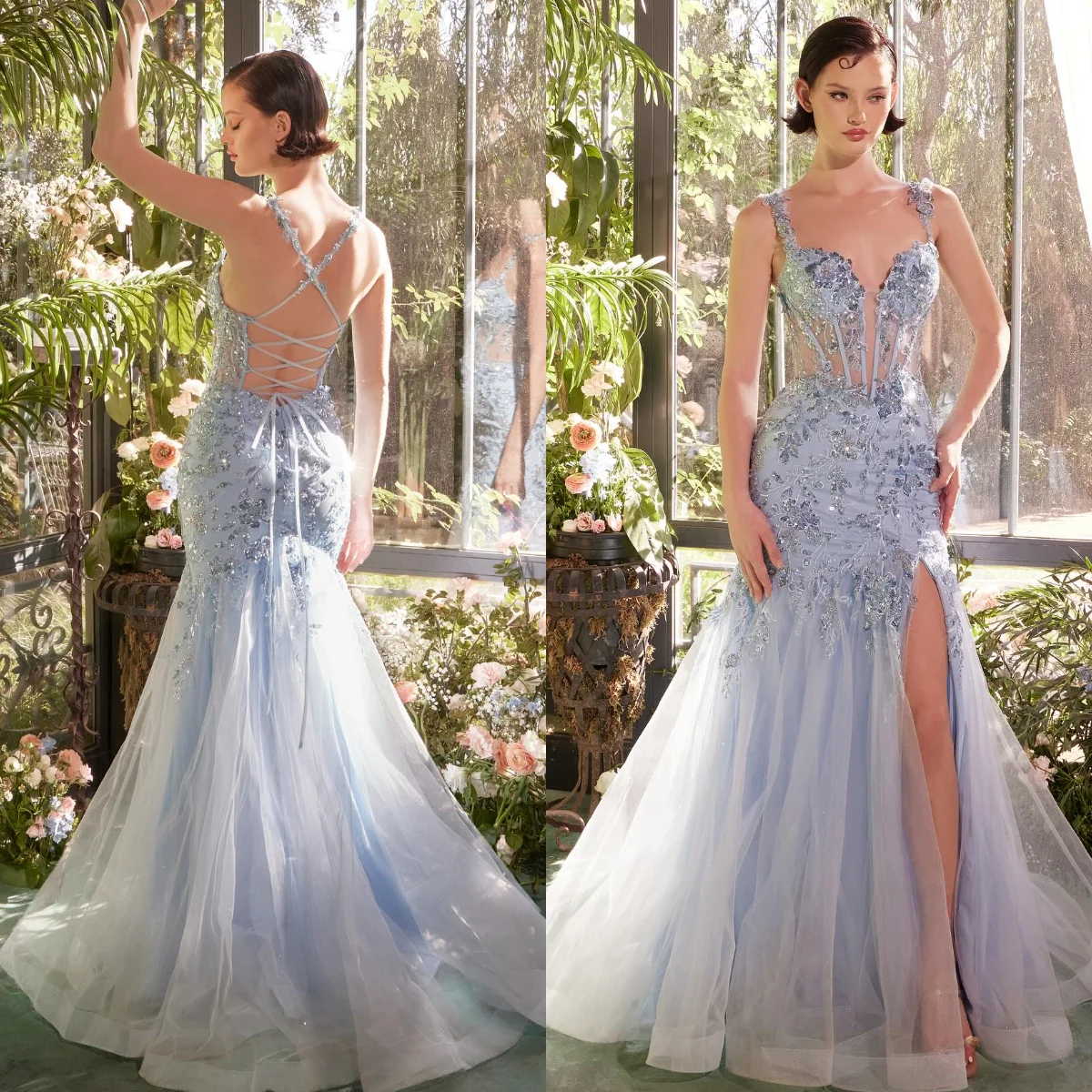 

Glamorous Blue Mermaid Evening Dresses Lace Appliques Sleeveless Prom Gowns Glitter Sequins Sexy Back Customized Party Dresses