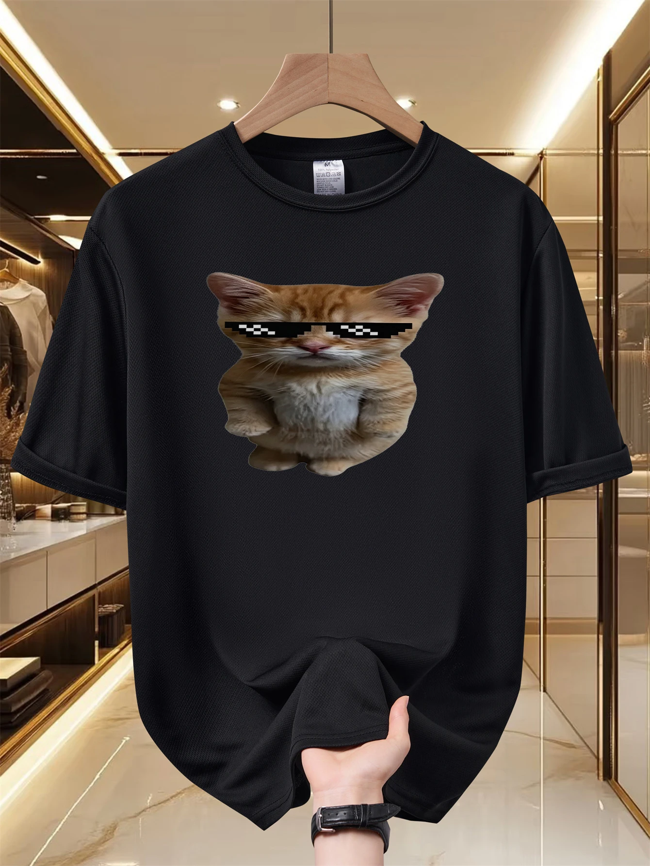 Men's Cool Orange Cat With Pixel Sunglasses Print T Shirt Summer Quick Dry Breathable Short Sleeve Tee Funny Animal Graphic