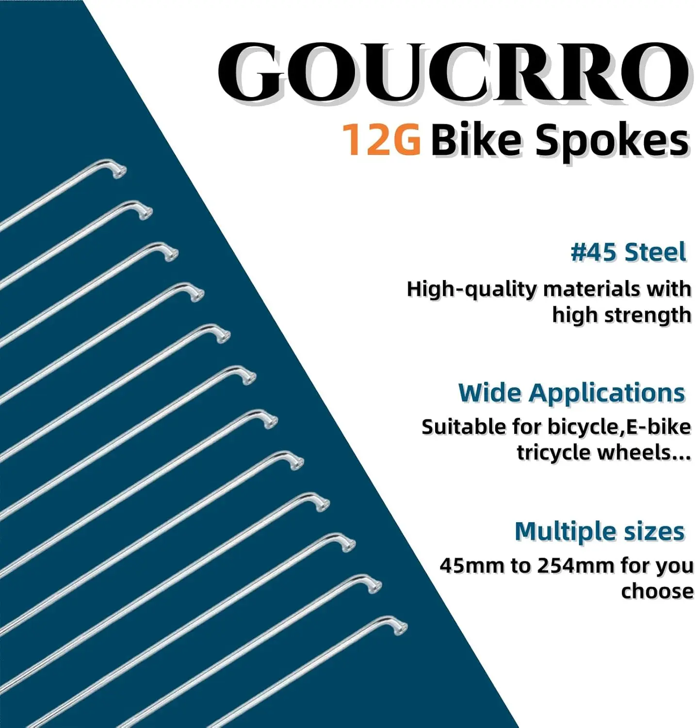 Bike Spokes Electric Bicycle E-Bike Tricycle Wheel Silver Spokes 12G 2.5mm Steel 45mm-254mm with Nipples 38pcs