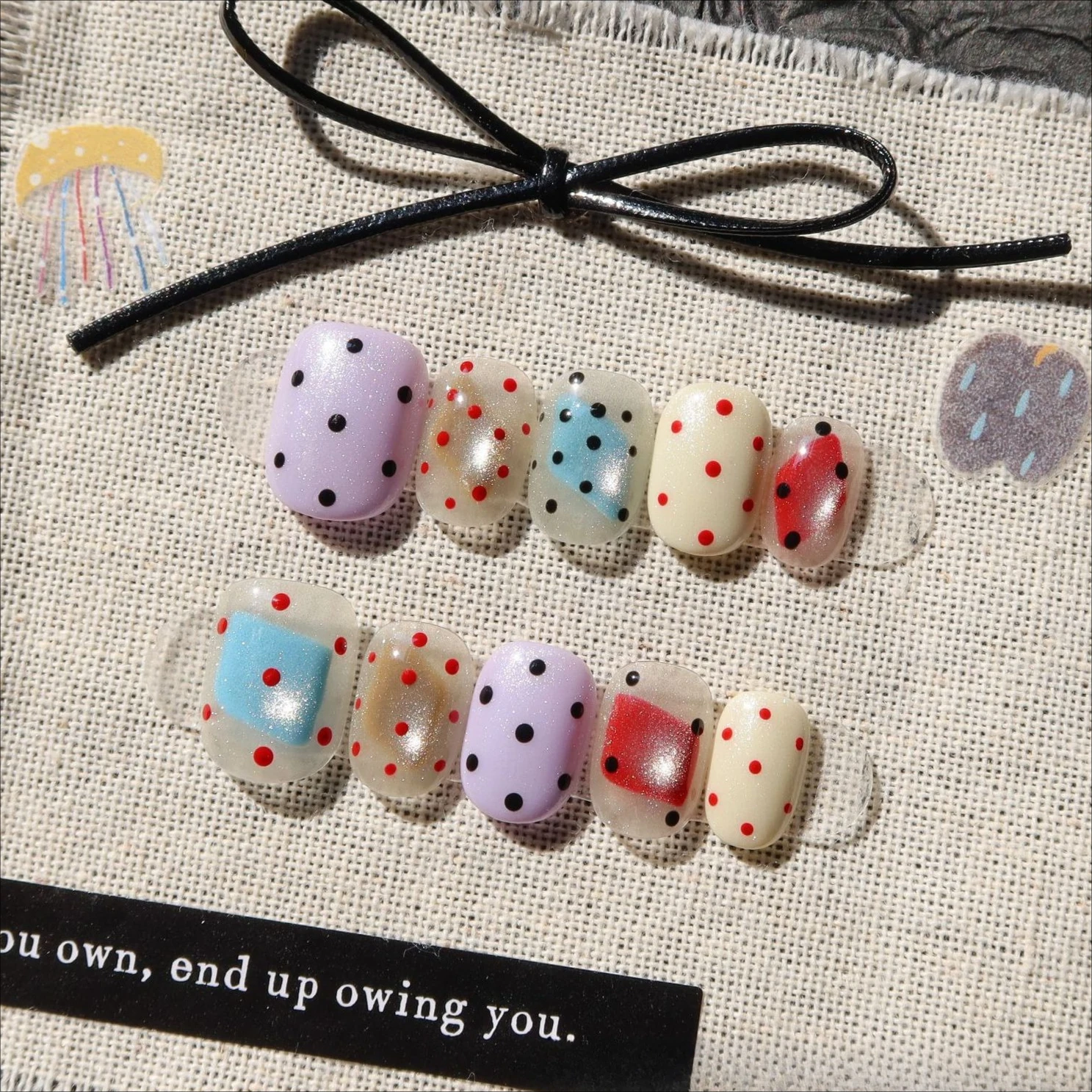 

10 шт., милые красочные короткие квадратные круглые ногти в горошек ручной работы, простые накладные ногти «кошачий глаз», корейские девушки, милые Ins ногти