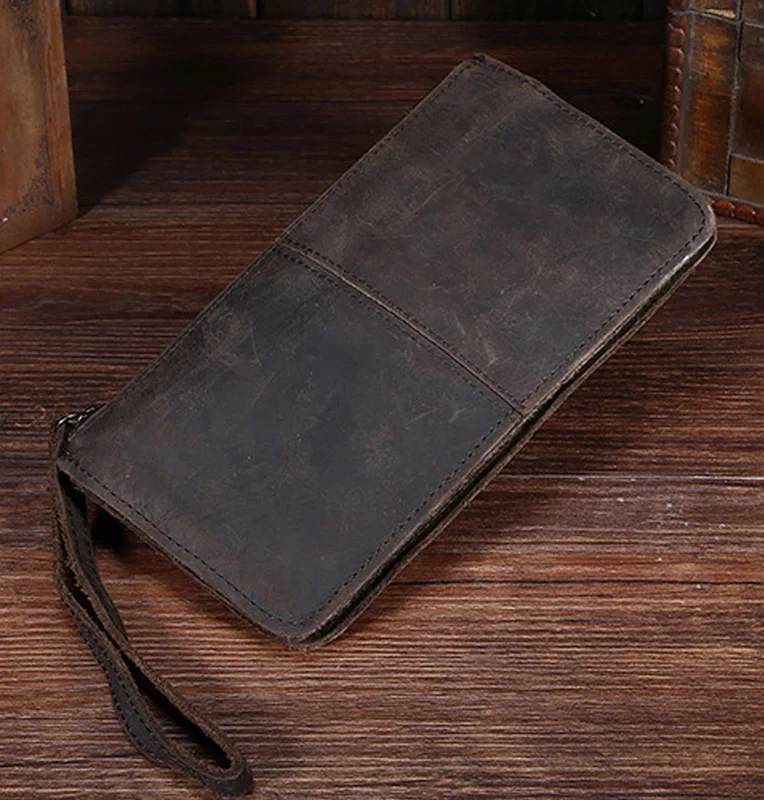 Men Clutch Bag Wallet Wrist Purse Crazy Horse Cowhide Male Cell Phone Case Coin Retro Genuine Leather Handy Pocket Money Bag