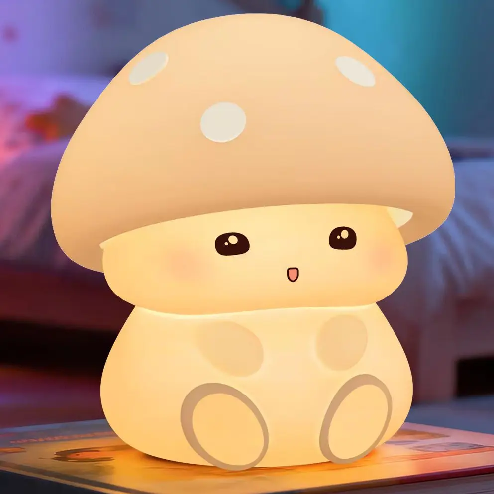 Mushroom Night Light with Touch Control, 7 Color Changing LED, 3 Brightness Levels, USB Rechargeable, Silicone Lamp for Girls