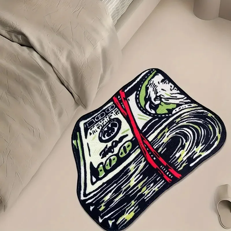 Irregular Hip Hop Style Hand Money Print Rug, Non‑Slip Flannel Floor Mat, Cool Street Culture Art Carpet, Decorative Rug For Bed