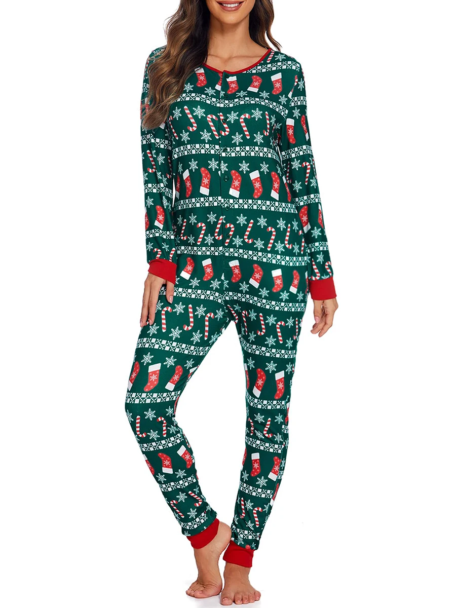 ZIYIXIN Women s Christmas Pajamas Long Sleeve V-Neck Printed Romper Loose Detachable Crotch Elastic Christmas Jumpsuits