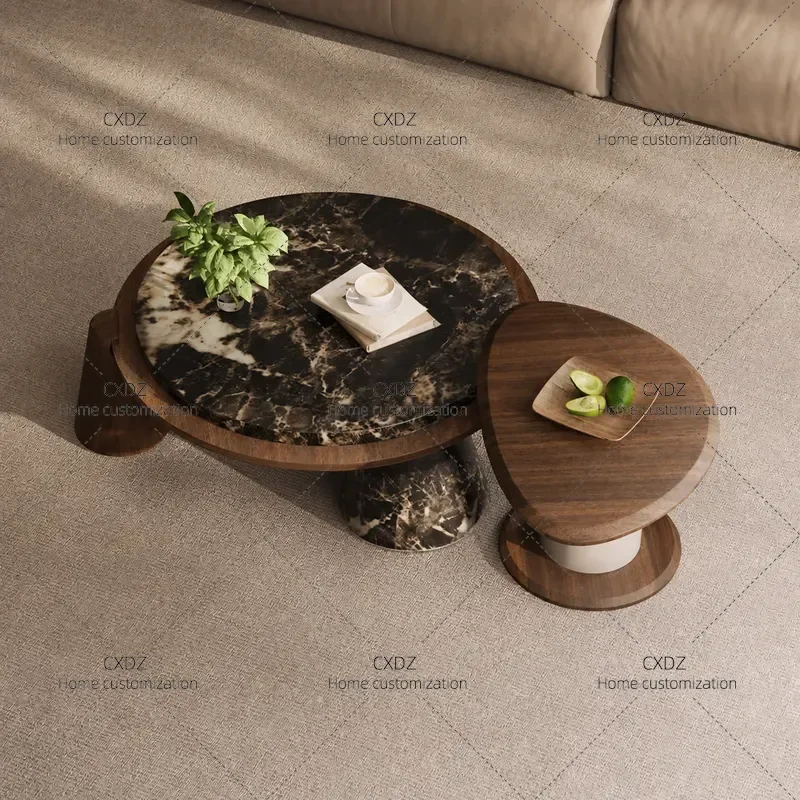 Wabi Sansan Round Marble Coffee Table High End Light Luxury Walnut Medium Antique Side Table Combination
