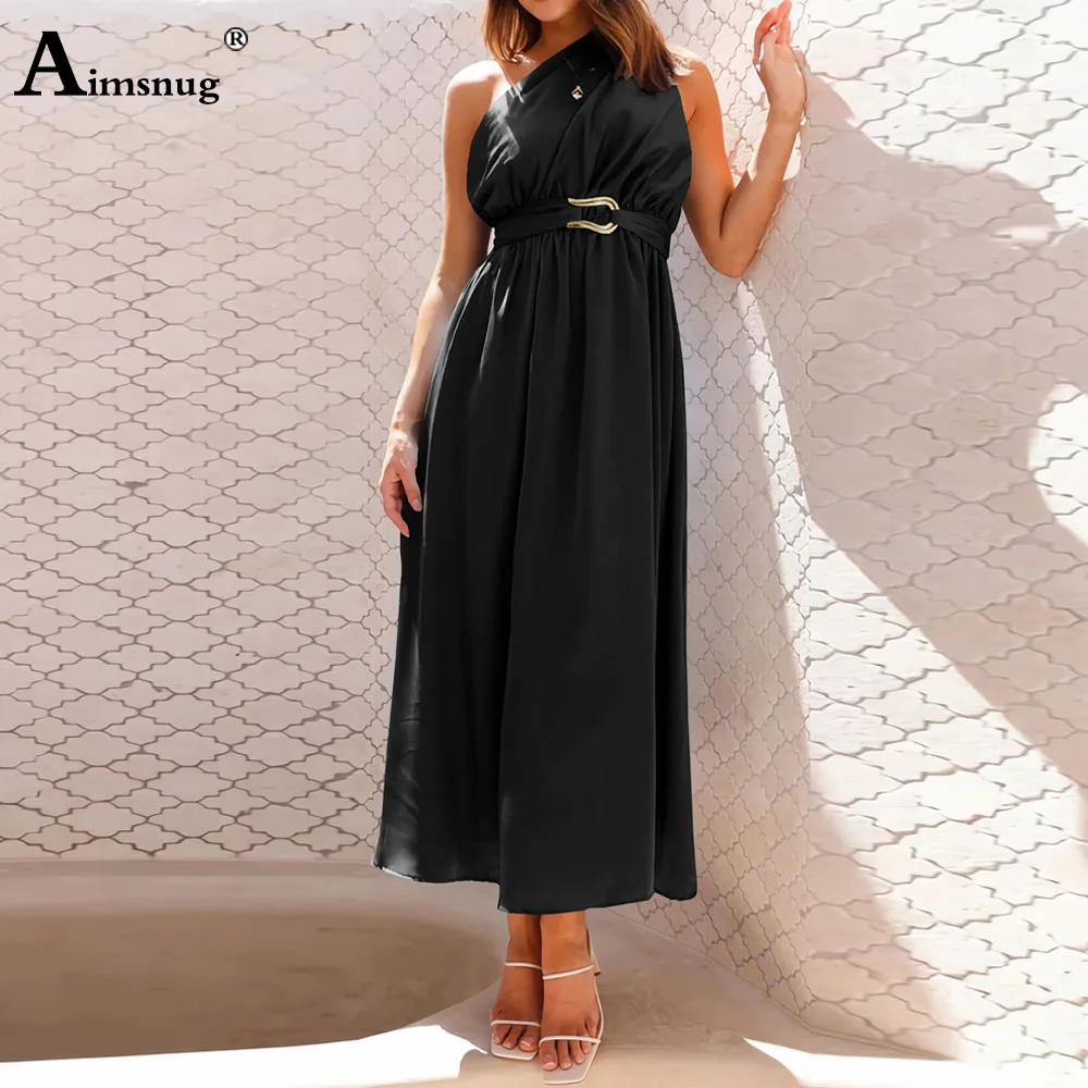 Women Elegant Long Maxi Dress Sexy Diagonal collar Party Evening Dresses 2024 New Summer Fashion Sleevelesss Waist Sashes Dress