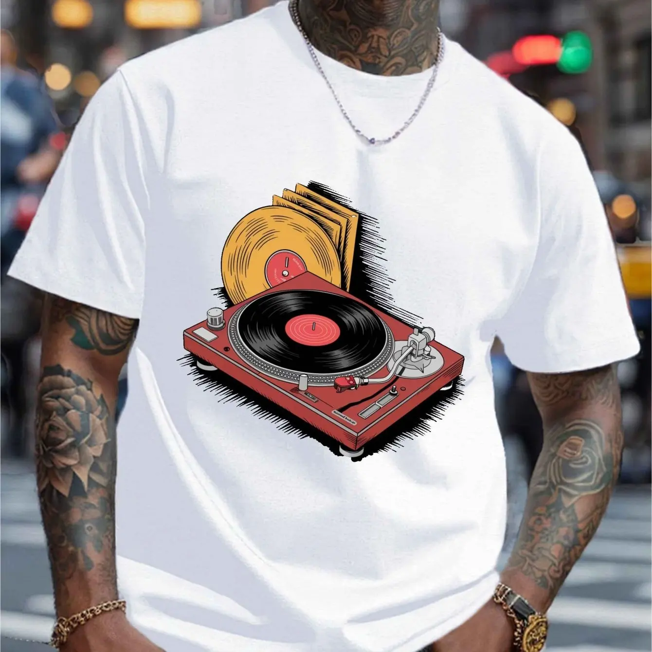 Vintage Turntable Vinyl Record Print Men's Round Crew Neck Short Sleeve T-Shirt Casual and Comfortable Top Men Clothing