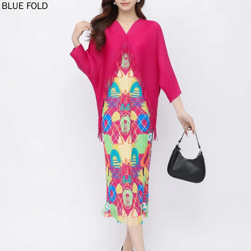 MIYAKE Pleated Dress Women Spring and Autumn High-end Temperament Fashion Printing Contrast Color Tassel Bat Sleeves V-neck