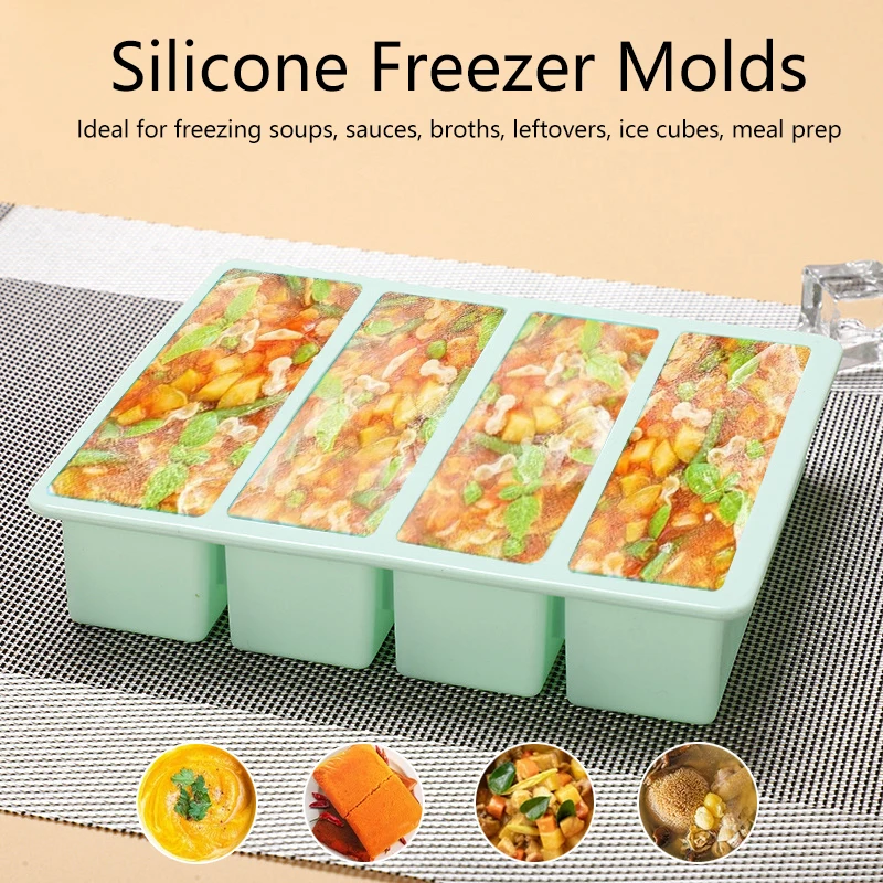 Bandeja de silicona para congelador, almacenamiento gigante, salsa de comida, sopa, cubitos de hielo, bandeja, moldes para congelación de alimentos, tapa, contenedor Extra grande