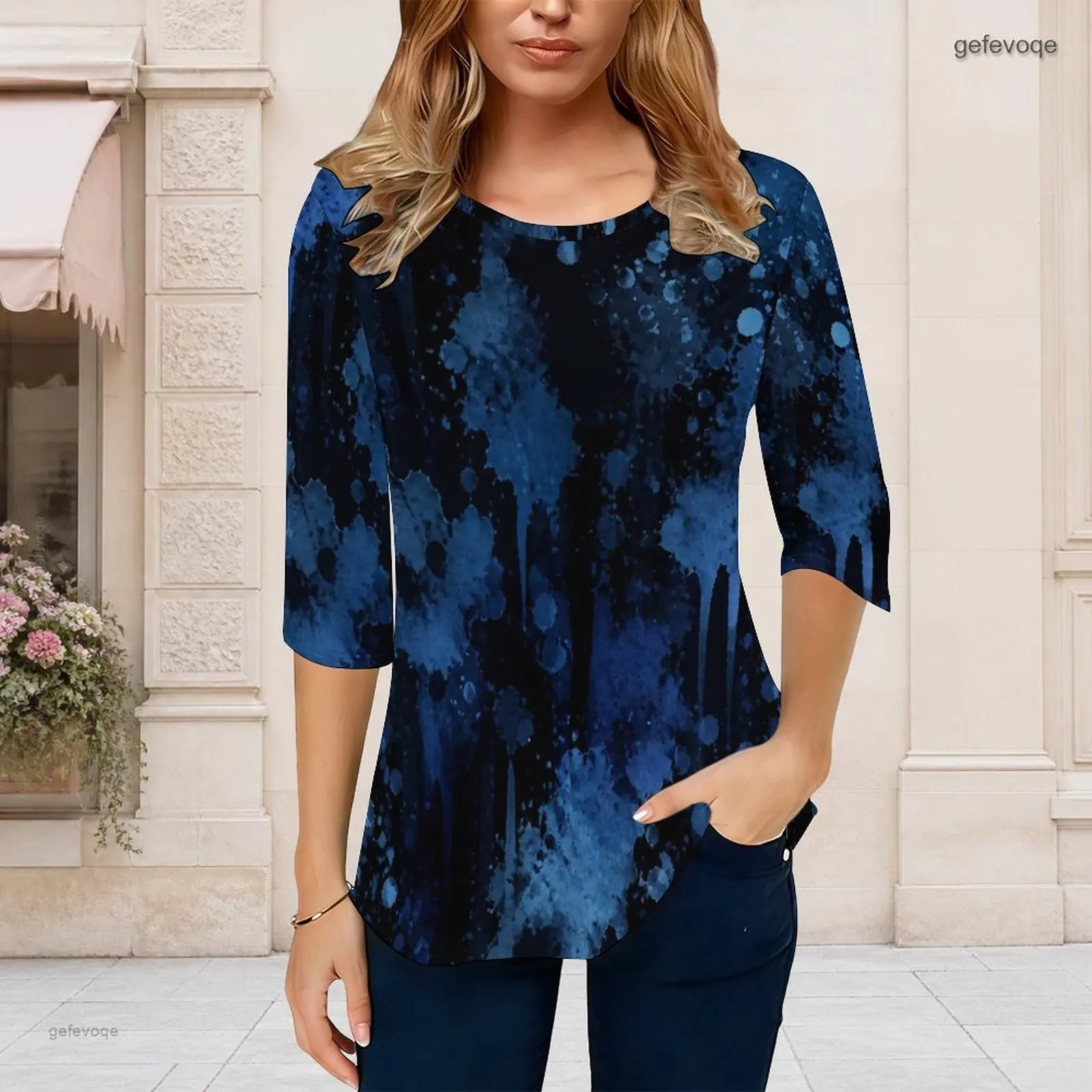 Women Black Blue Ink Splash Printed Round Neck 3/4 Sleeve Curved Hem Top