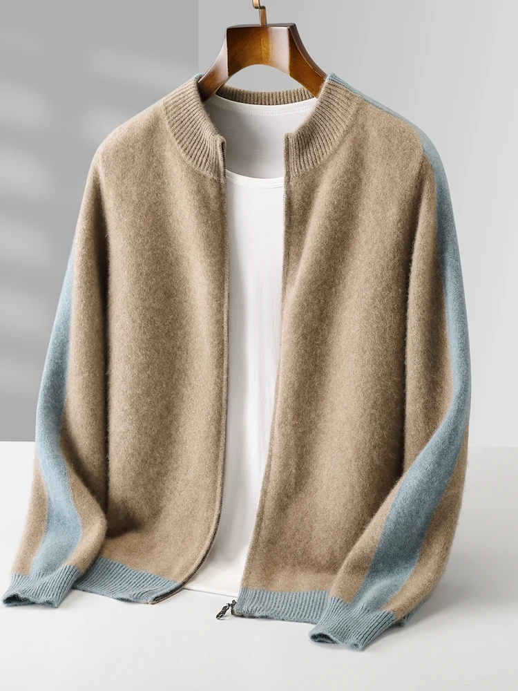 Half High Collar Zipper Color Blocked Pure Wool Cardigan Sweater Men's Loose Smart Casual Autumn Winter Cashmere Knit Jackets