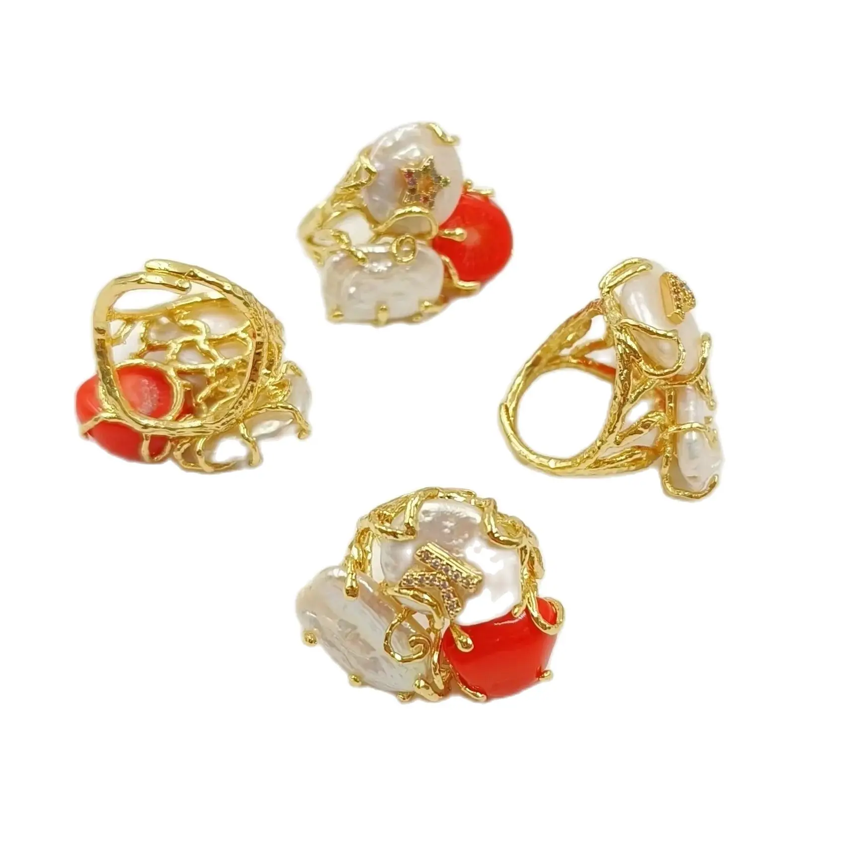 WT-MPR093 Fashion Vintage Bohemian Style Natural Red Coral And White Pearl Triple Stone Rings Women Anniversary Gift