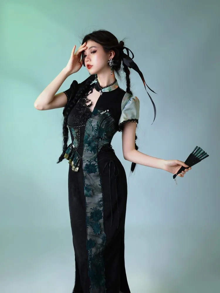 

Gemini Элегантное и модное черно-зеленое бархатное кружевное платье Cheongsam с растениями