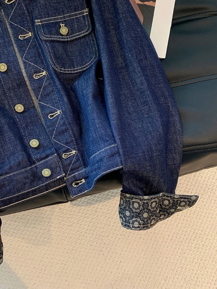 

Retro Pattern Spliced ort Denim Jaet Collared ex Spring Autumn Trendy American Sle Versatile Men's Women's Top