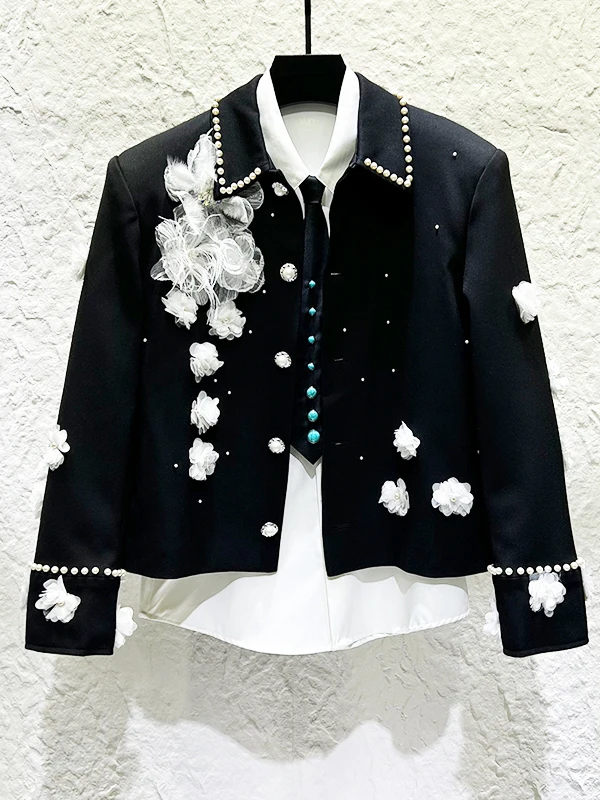 

Мужская модная короткая куртка с объемной вышивкой, цветочным узором, на пуговицах, класса люкс, с воротником-стойкой и жемчужным декором