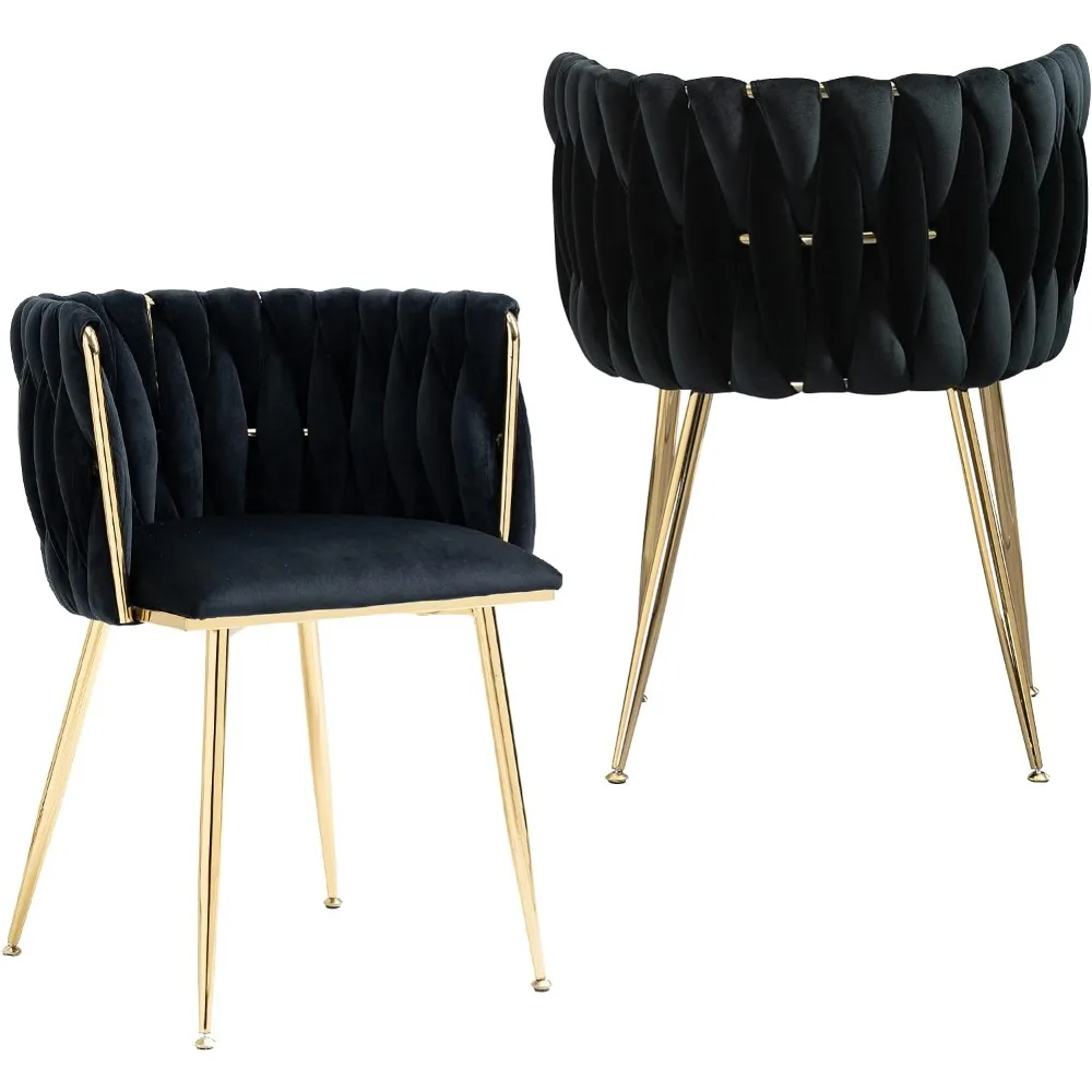 Modern Velvet Dining Chairs Hand Weaving Accent Upholstered Side Chair with Golden Metal Legs for Dining Room