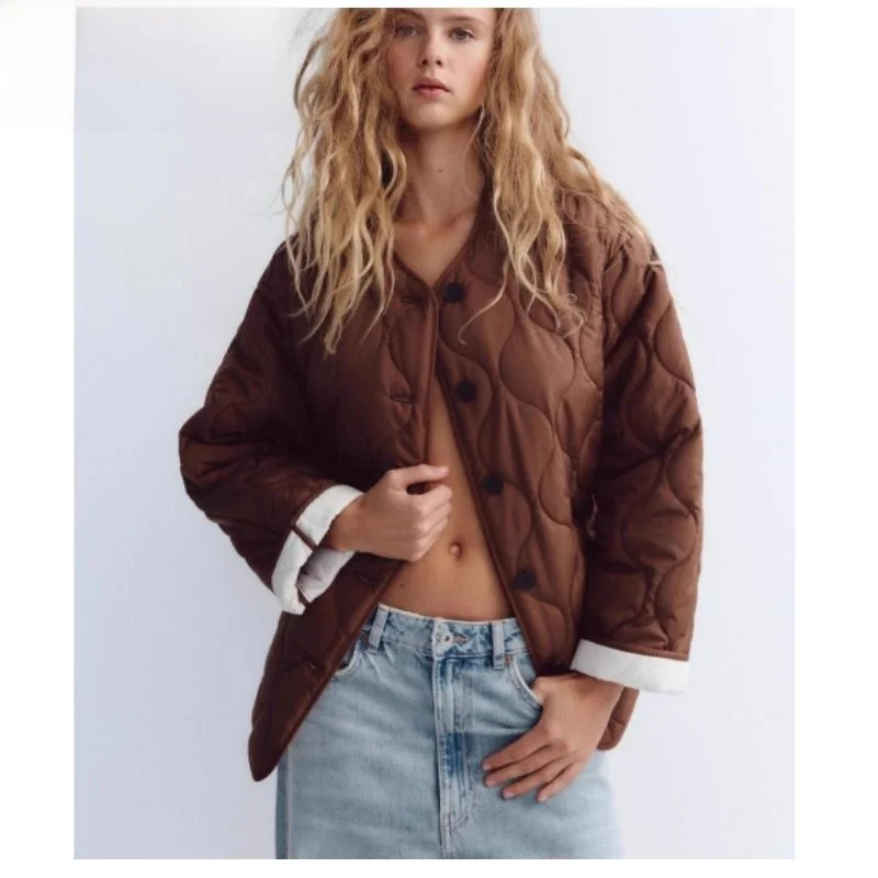 

Laid-ba Sle round Ne Long Sve Cotton Jaet Women's Simple Match All Seasons Autumn Winter New Arrival Casual Comfor...
