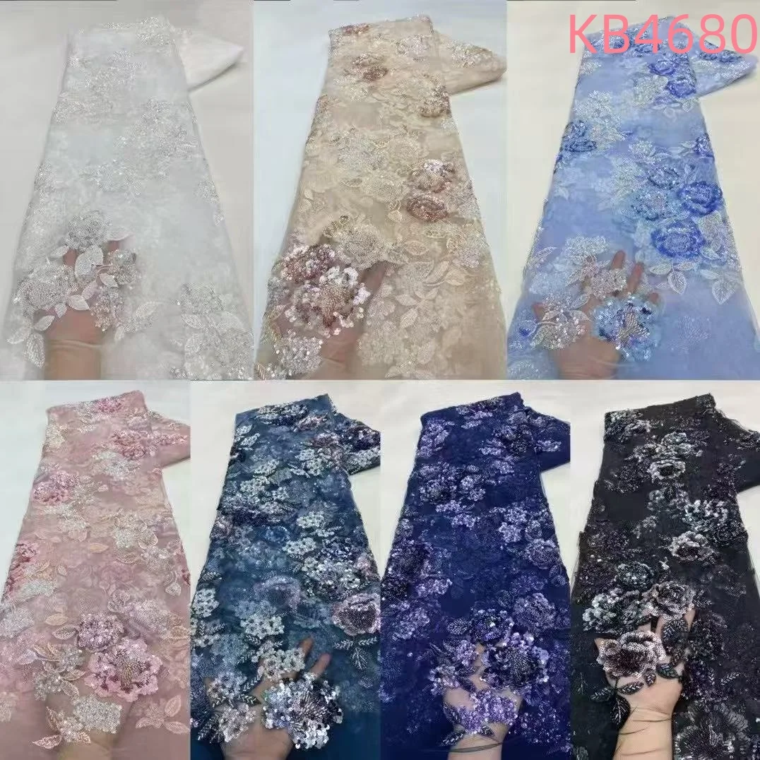 Sequins 3D Flower Beaded Lace African Fabric Lace High Quality 2025 White Sequence Beads French Mesh Lace Fabric For Sewing KB46