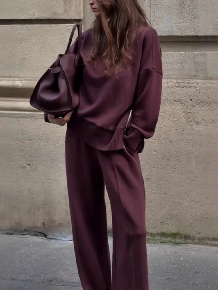 Spring Autumn Women Casual Simple Long Sleeve Turtleneck Pullover Top Loose Wide Legs Pants Sets Two Piece Sets Womens Outifits