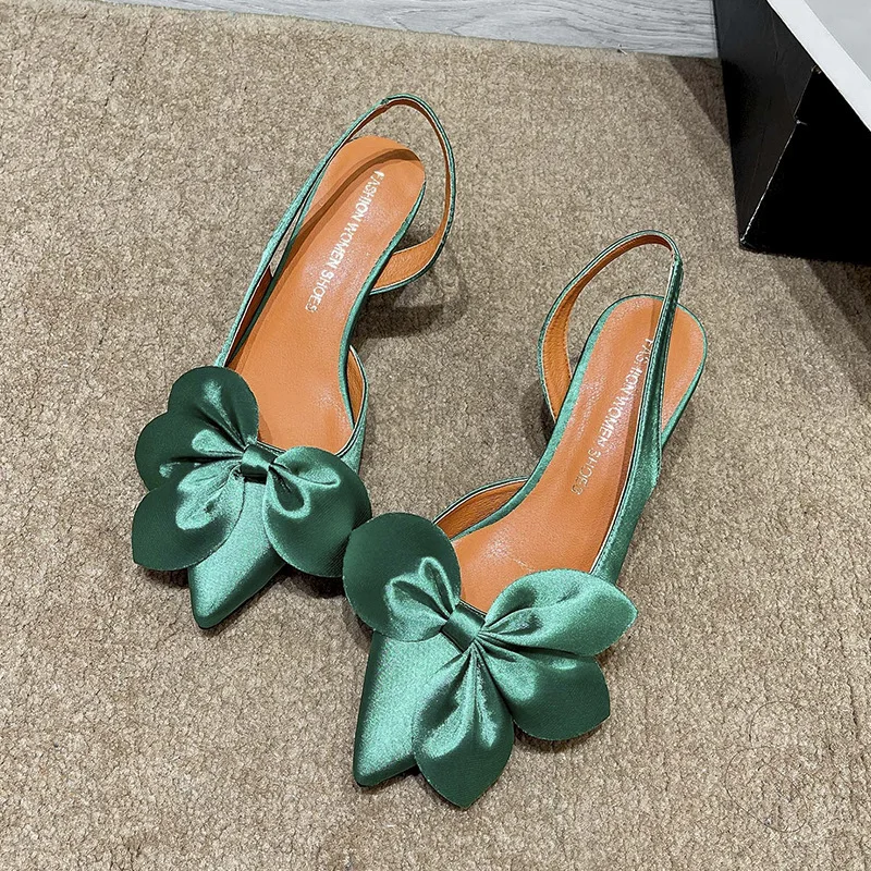 High Heels für Damen, Frühling und Sommer, spitzer Zehenbereich, flacher Mund, vielseitige Slip-Ons mit Seidenschleife und dünnem Absatz