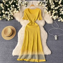 Sexy Elegant mesh PATCHWORK Short Sleeve Dress Vestidos Slim Women Summer party French Vintage sweet Beach Dresses