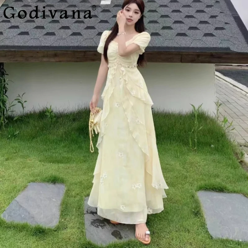 

Женское летнее платье феи большого размера с французской вышивкой и пышными рукавами, модное универсальное трапециевидное платье, уменьшающее возраст, пляжные дорожные платья