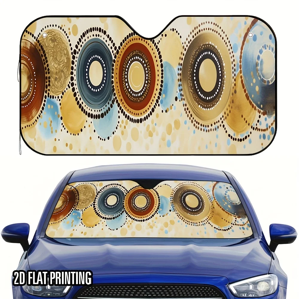 1pc 2D Flat Circular Pointillism Art Print Car Sunshade – Stylish & Cool, Includes 4 Suction Cups, Easy To Install & Fold, Perfe