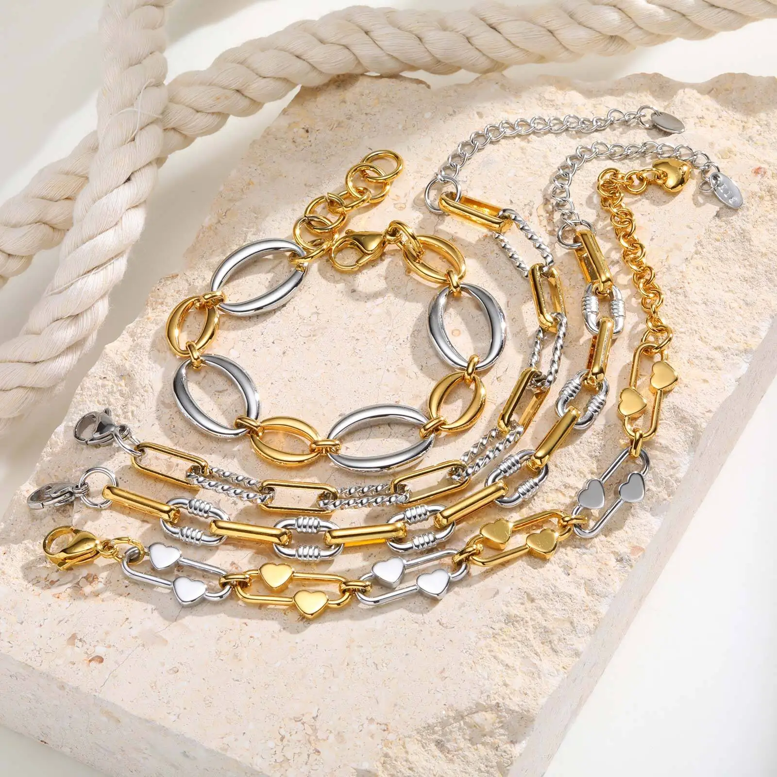 سوار سلسلة بلونين للنساء، وصلة معدنية مختلطة مكتنزة، مجوهرات مقاومة للماء من الفولاذ المقاوم للصدأ، سوار معصم أنيق قابل للتعديل