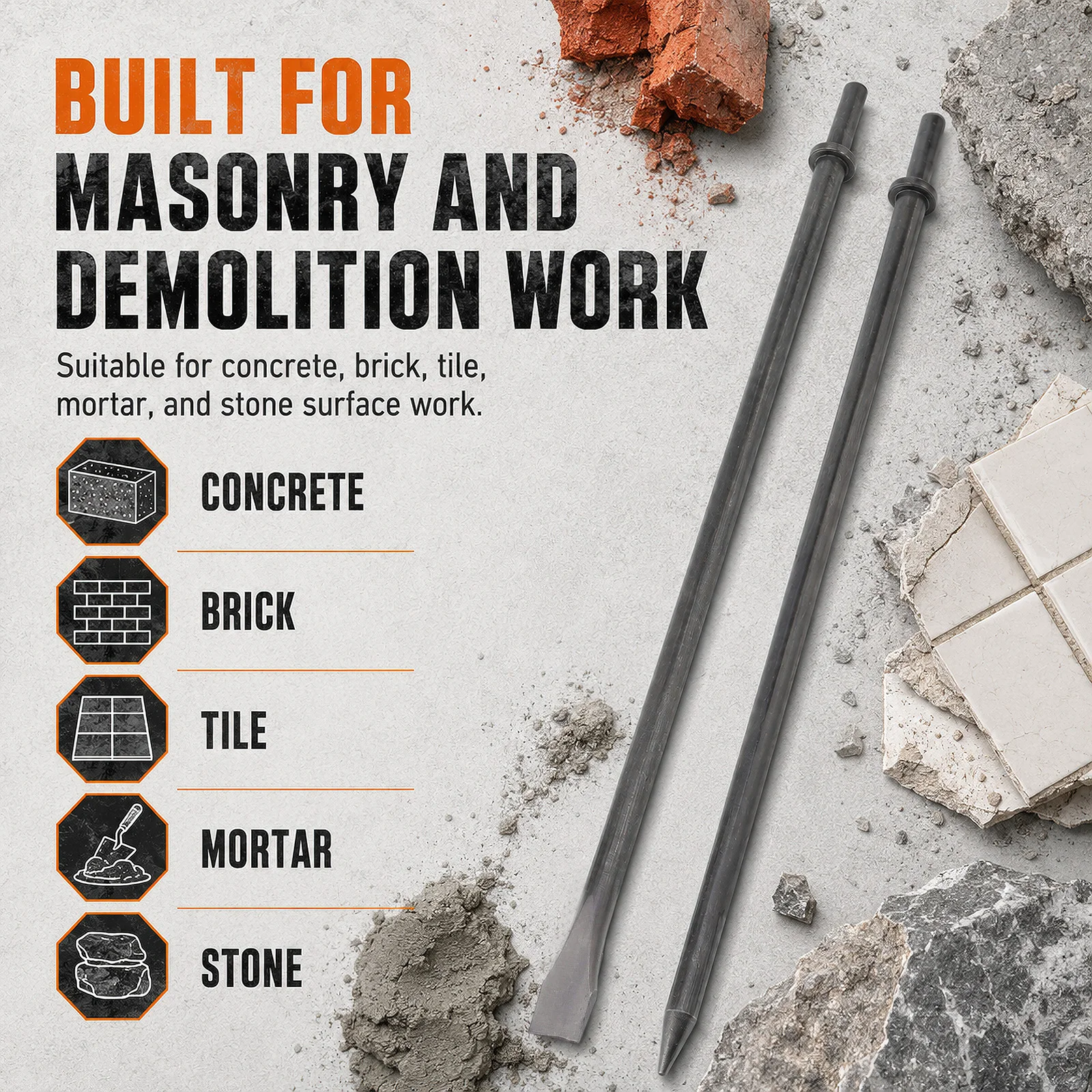 2 Pcs 450mm Steel Chisel Bit Sets for Masonry Concrete Demolition Air Chipping Alloy Steel Punch Electric Hammer Drill Bit