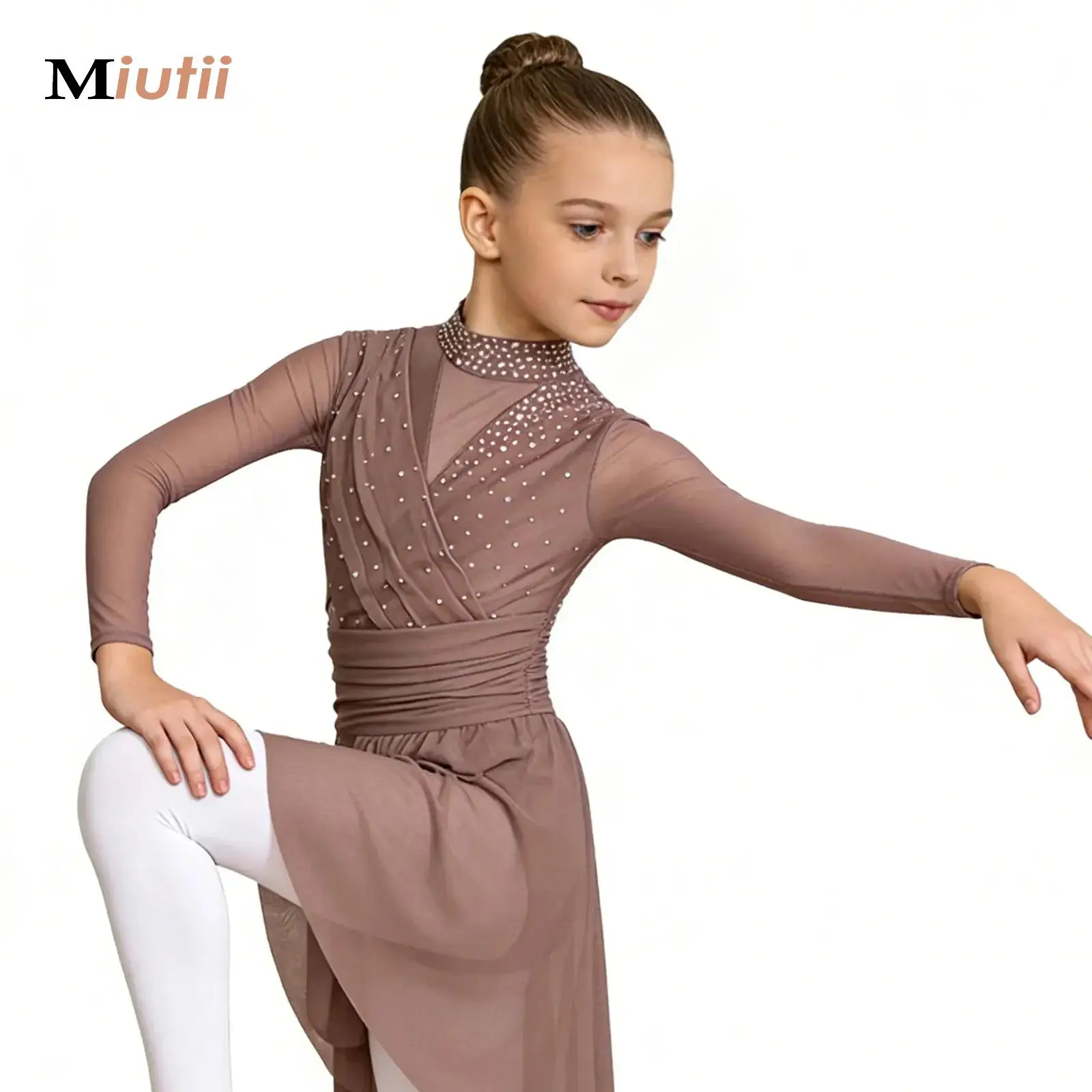 

Kids Girls Lyrical Ruched Sheer Mesh Dress Waltz Ballroom Ballet Dance Performance Costume Stylish Ballet Stage Dance-wear