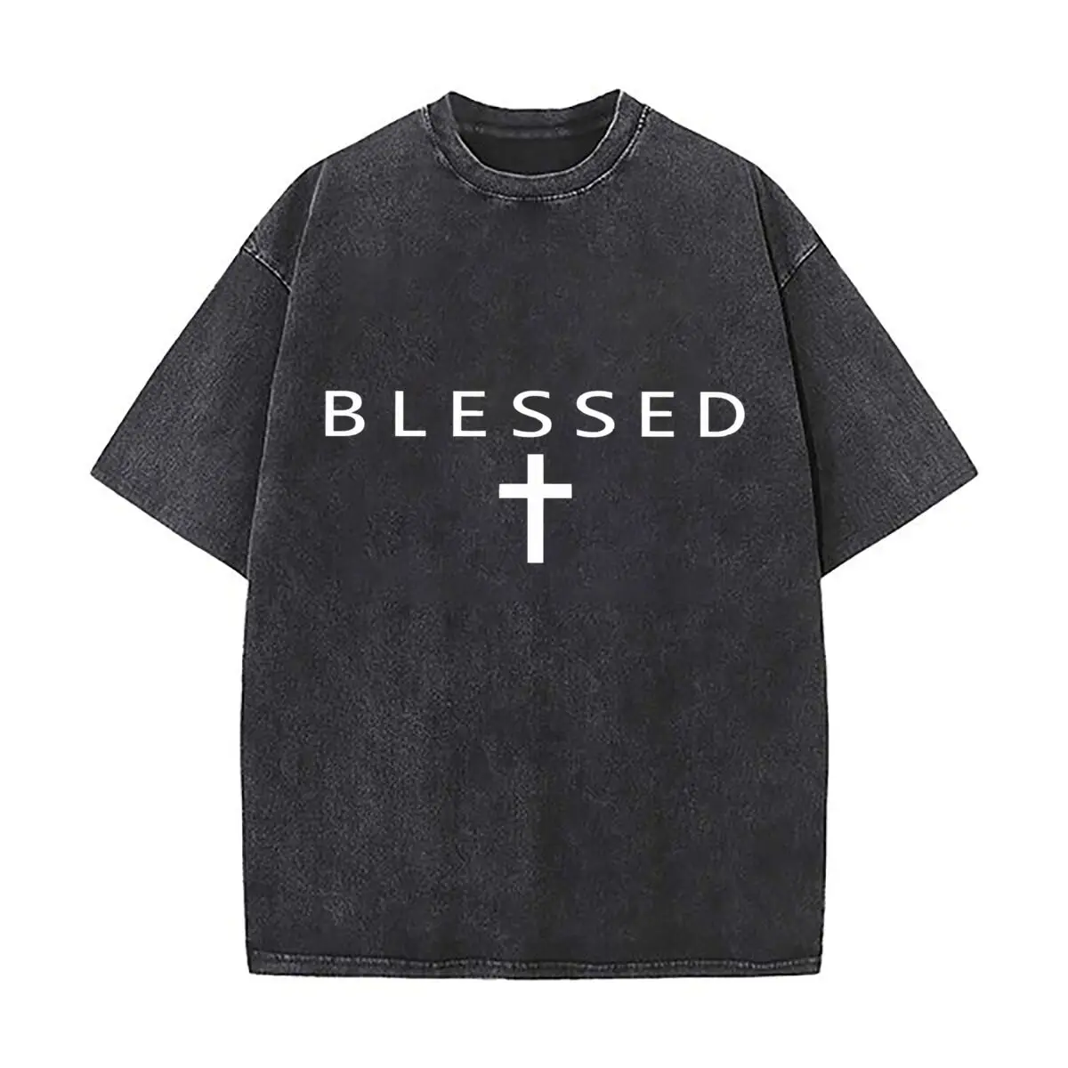 Blessed Cross Faith Christian Religious Graphic Washed Vintage Short Sleeve Loose Streetwear Tee