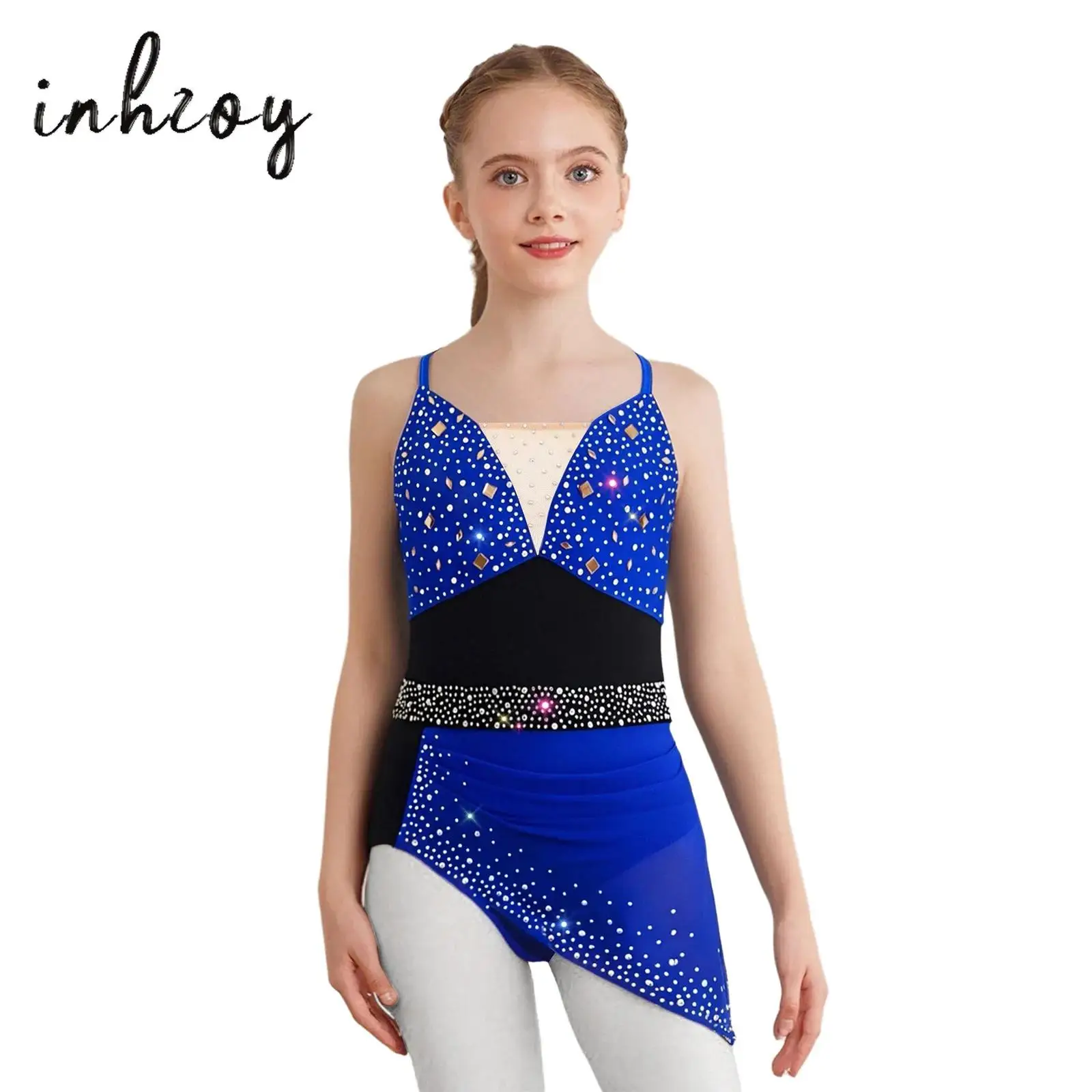 

Kids Girls Lyrical Dance Leotard Dress Figure Skating Dresses Spaghetti Straps Shiny Rhinestones Ruched Asymmetrical Mesh Dress