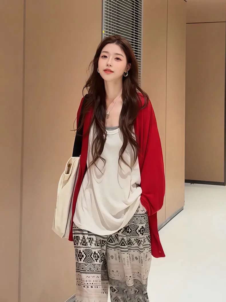

Loose Long Sleeve Open Cardigan Women's Summer Casual Pants Three-piece Set High Waist Trousers Mid-Length Top Casual Wear