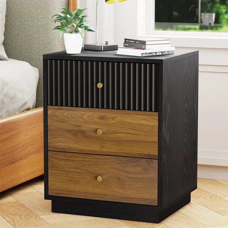

23.6 Tall Night Stand with 3 Storage Drawers, Fluted Nightstand with Metal Handles, Modern End Table Bedside Table Chest