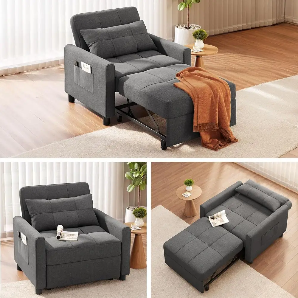 Convertile Soa Chair ed, 3-in-1 Multi-unctional Sleeper Chair ed, Adjustale ackrest Recliner with ern Linen aric or Living Room