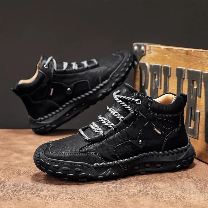 

2026 Новая противоскользящая мужская повседневная кожаная деловая обувь, модная спортивная обувь больших размеров, удобная походная обувь на шнуровке